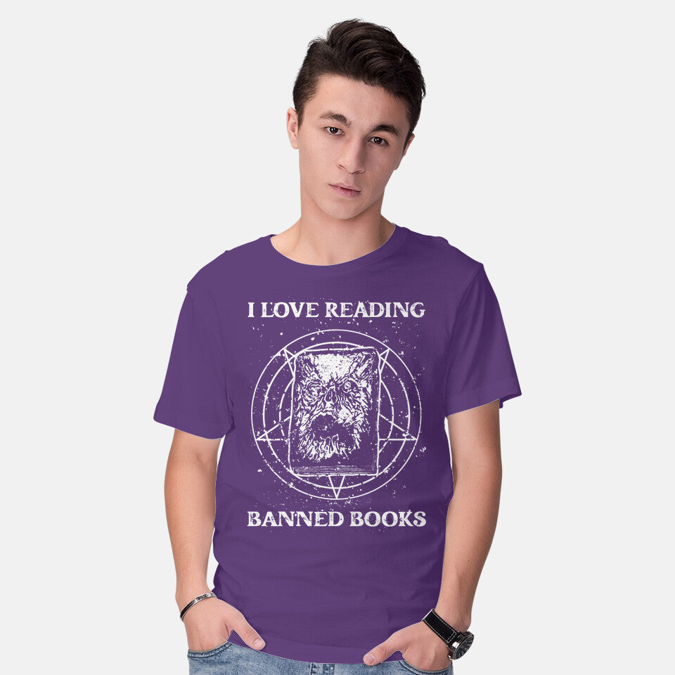 Model wearing purple Evil Reader – Halloween Graphic T-Shirt