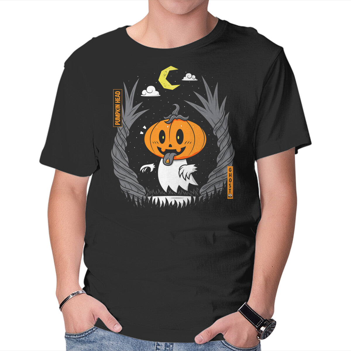 Pumpkin Head Ghost – Halloween Graphic T-Shirt in black, product display