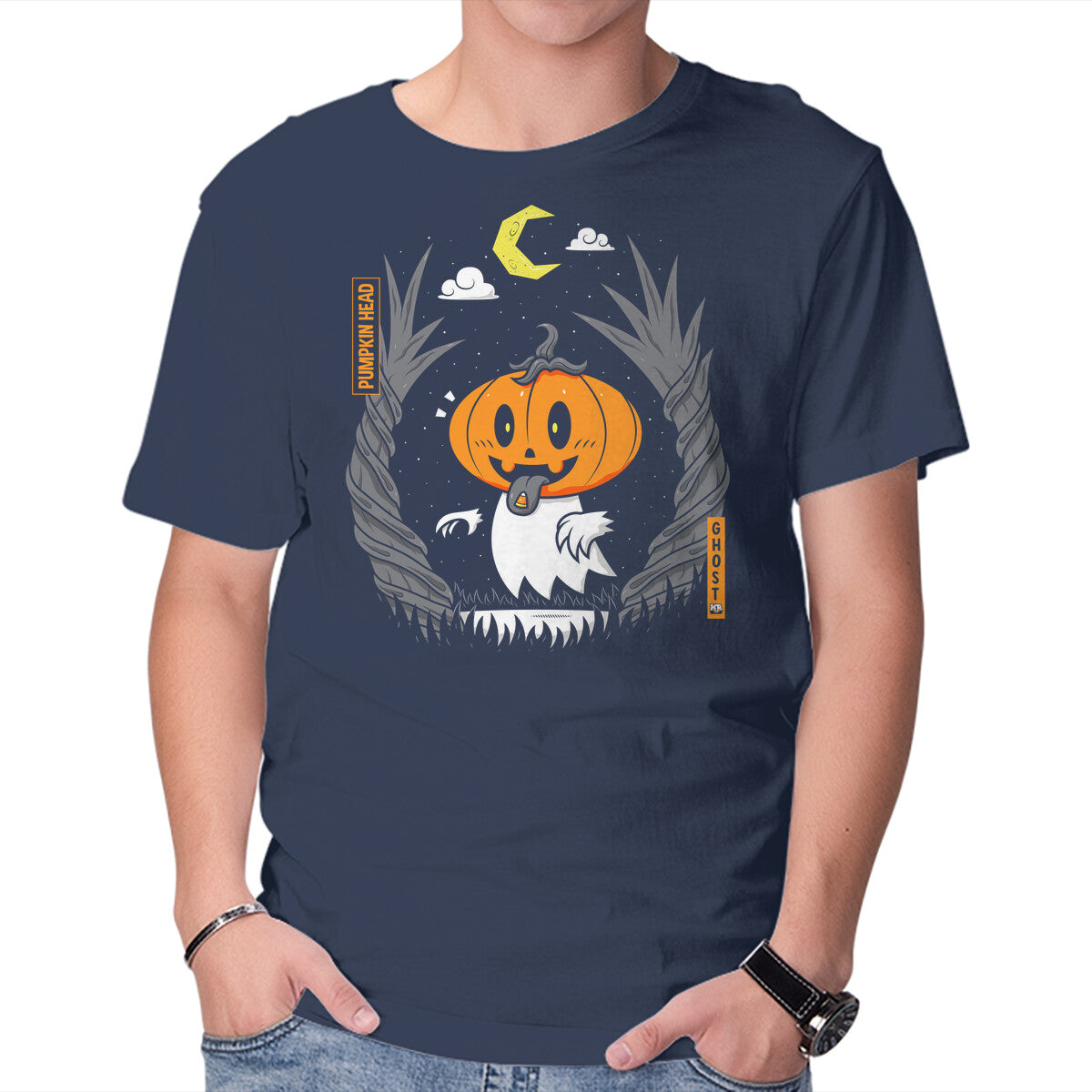 Pumpkin Head Ghost – Halloween Graphic T-Shirt in navy, product display