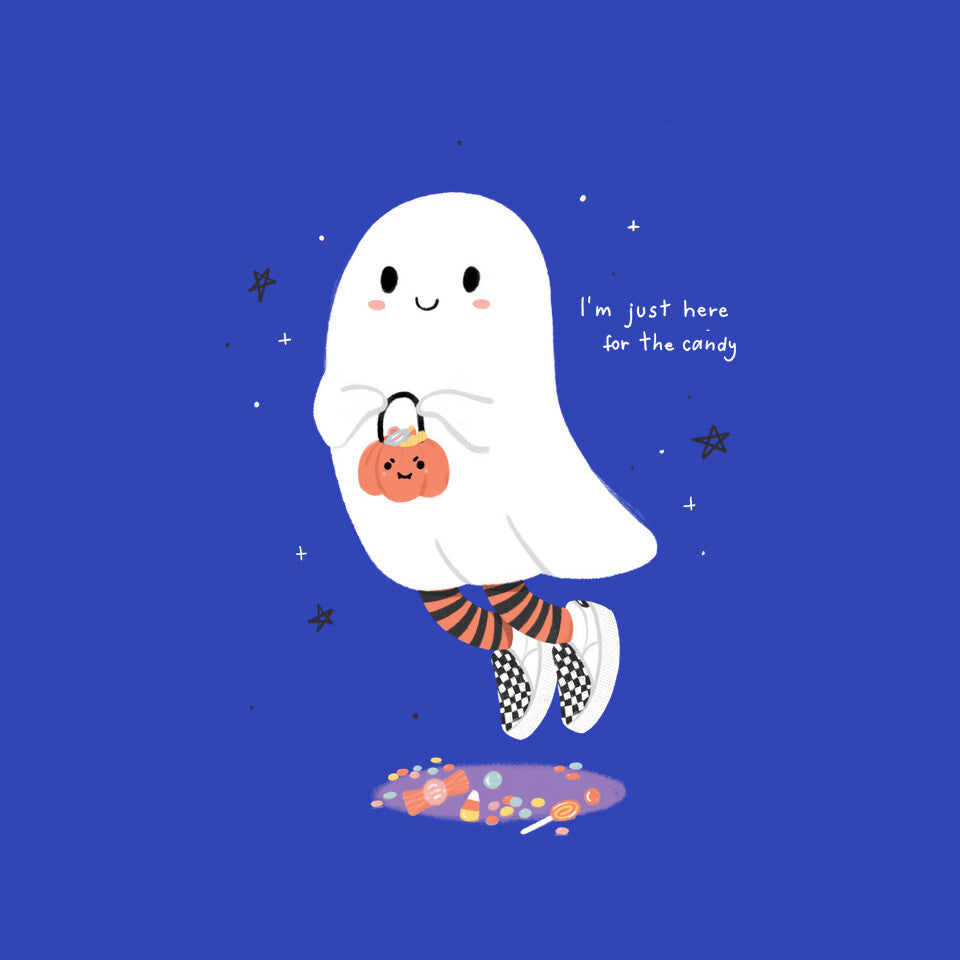 Candy Ghost – Halloween Graphic T-Shirt design artwork for royal blue graphic T-shirt