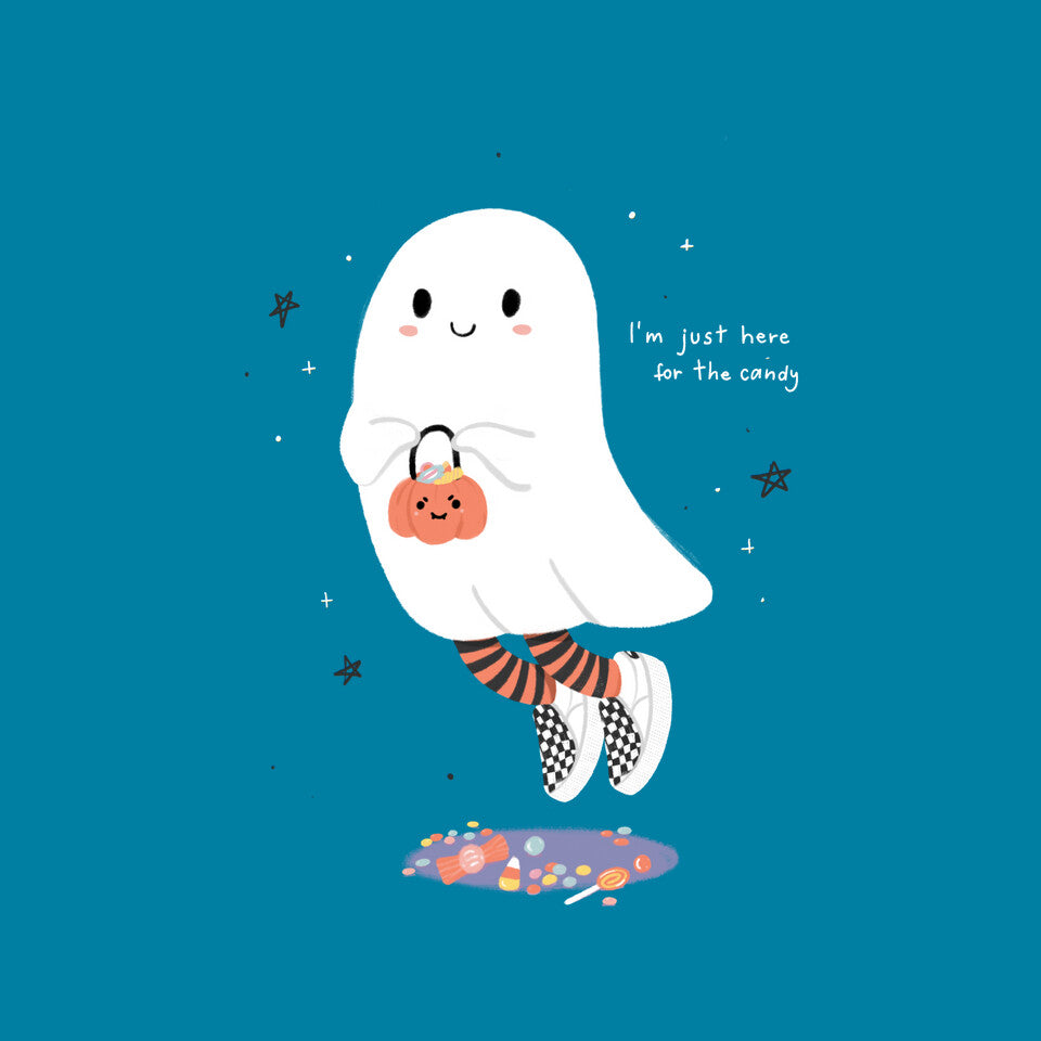 Candy Ghost – Halloween Graphic T-Shirt design artwork for turquoise graphic T-shirt