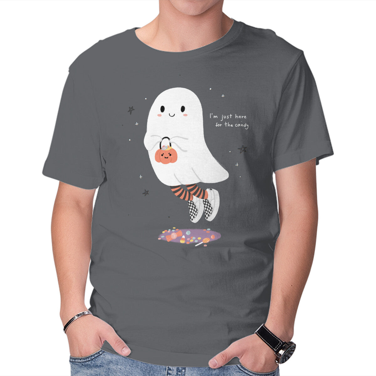 Candy Ghost – Halloween Graphic T-Shirt in charcoal, product display