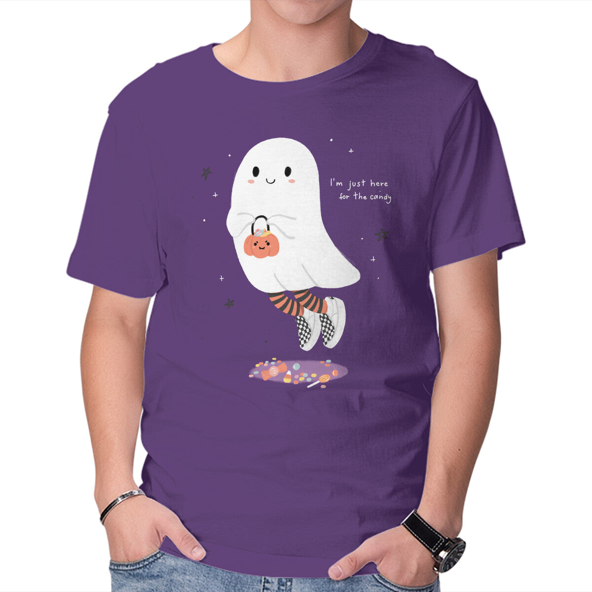 Candy Ghost – Halloween Graphic T-Shirt in purple, product display