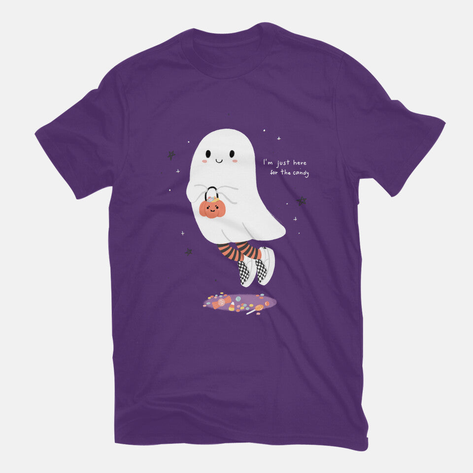 Candy Ghost – Halloween Graphic T-Shirt in purple, flat-lay product view