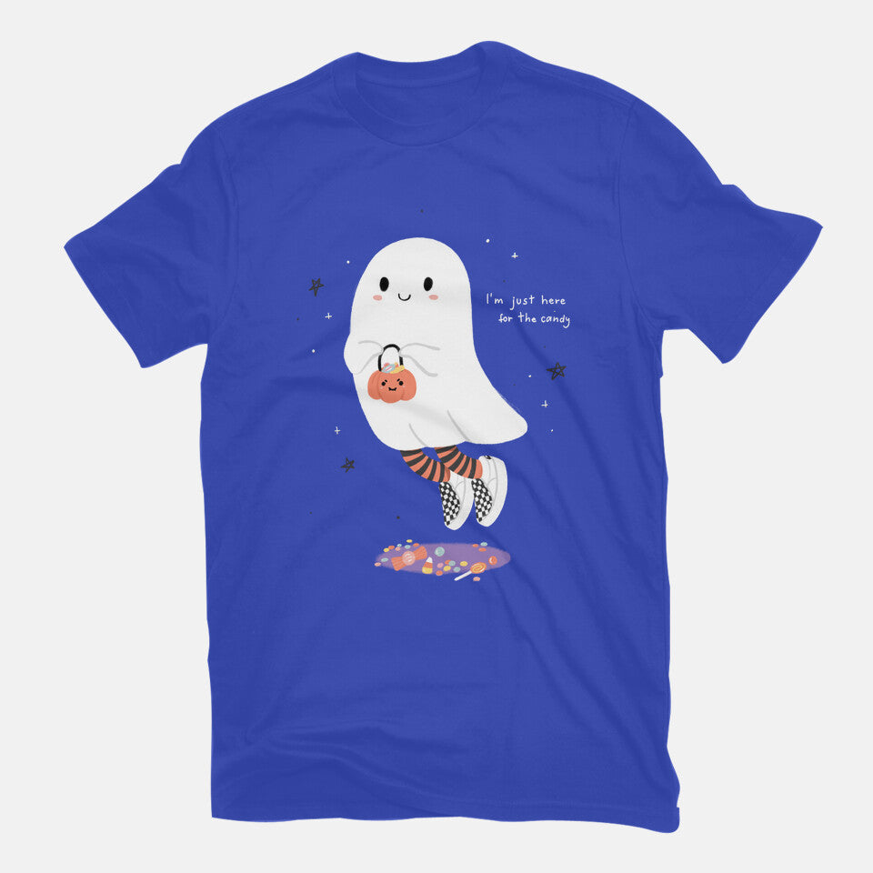 Candy Ghost – Halloween Graphic T-Shirt in royal blue, flat-lay product view