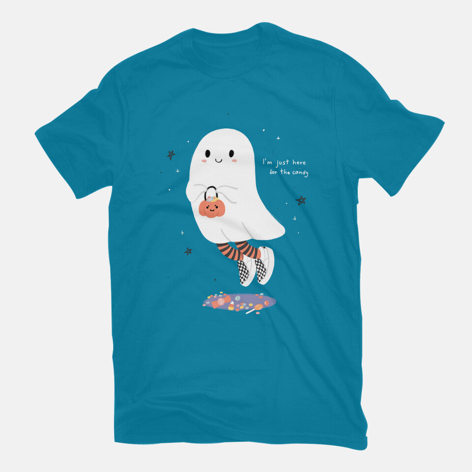 Candy Ghost – Halloween Graphic T-Shirt in turquoise, flat-lay product view