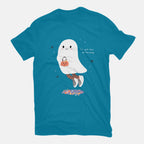 Candy Ghost – Halloween Graphic T-Shirt in turquoise, flat-lay product view