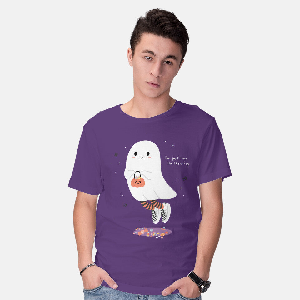 Model wearing purple Candy Ghost – Halloween Graphic T-Shirt