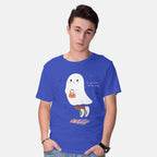 Model wearing royal blue Candy Ghost – Halloween Graphic T-Shirt