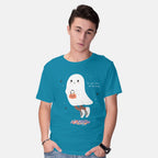 Model wearing turquoise Candy Ghost – Halloween Graphic T-Shirt