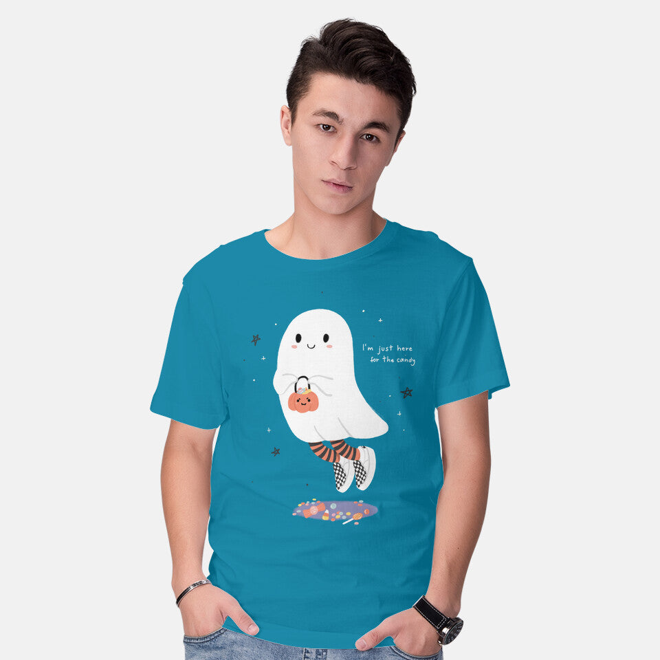 Model wearing turquoise Candy Ghost – Halloween Graphic T-Shirt