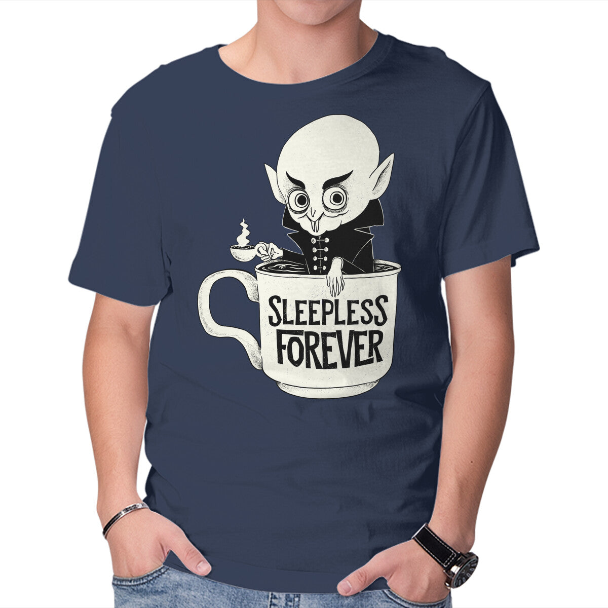 Nosferatu And Coffee – Halloween Graphic T-Shirt in navy, product display
