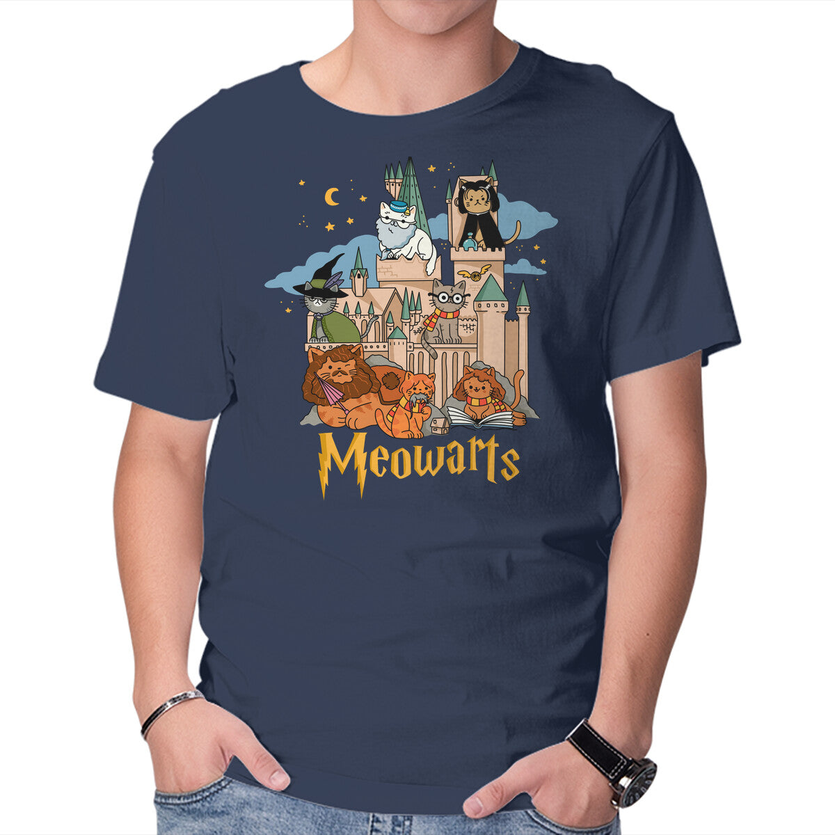 Meowarts – Cat Graphic T-Shirt in navy, product display