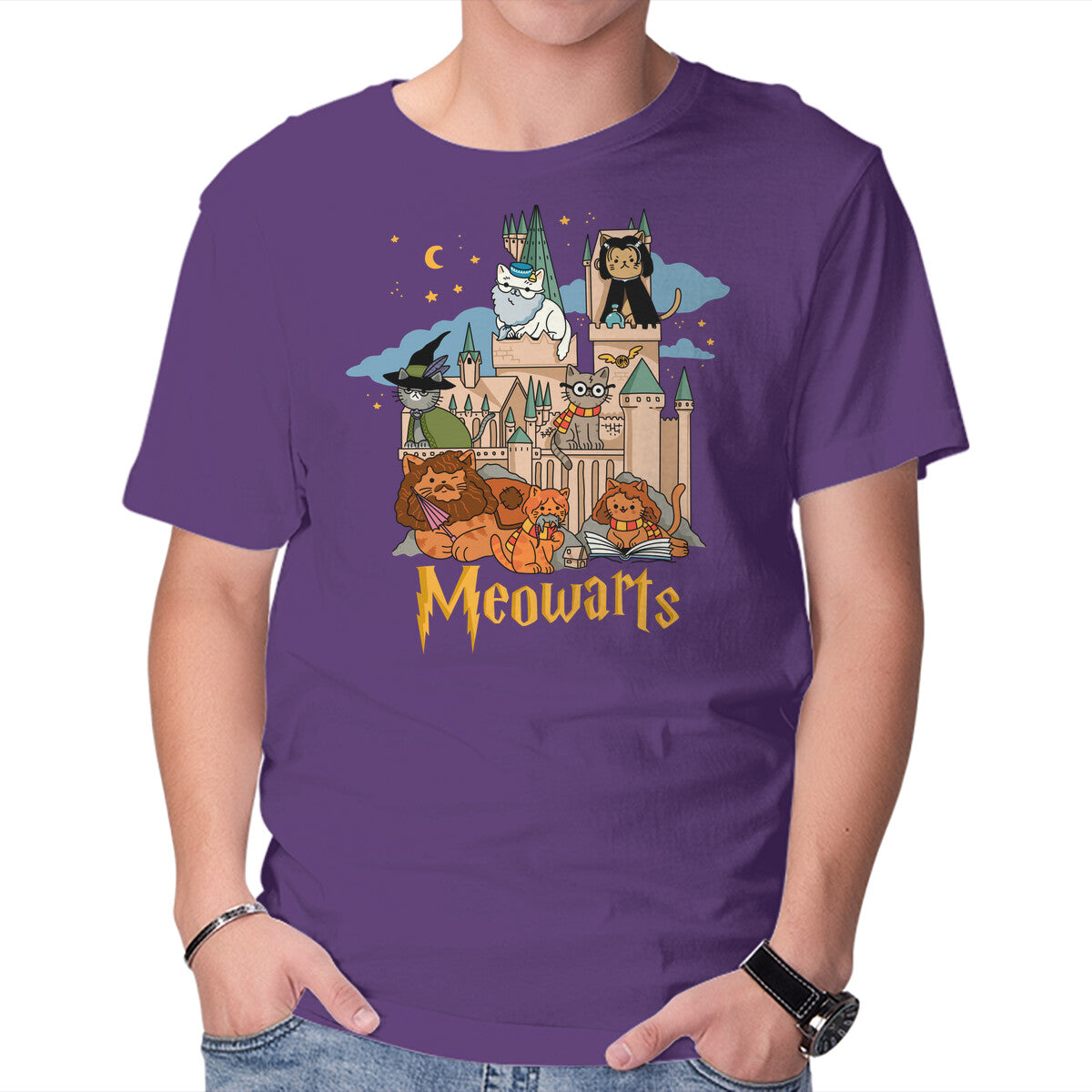 Meowarts – Cat Graphic T-Shirt in purple, product display