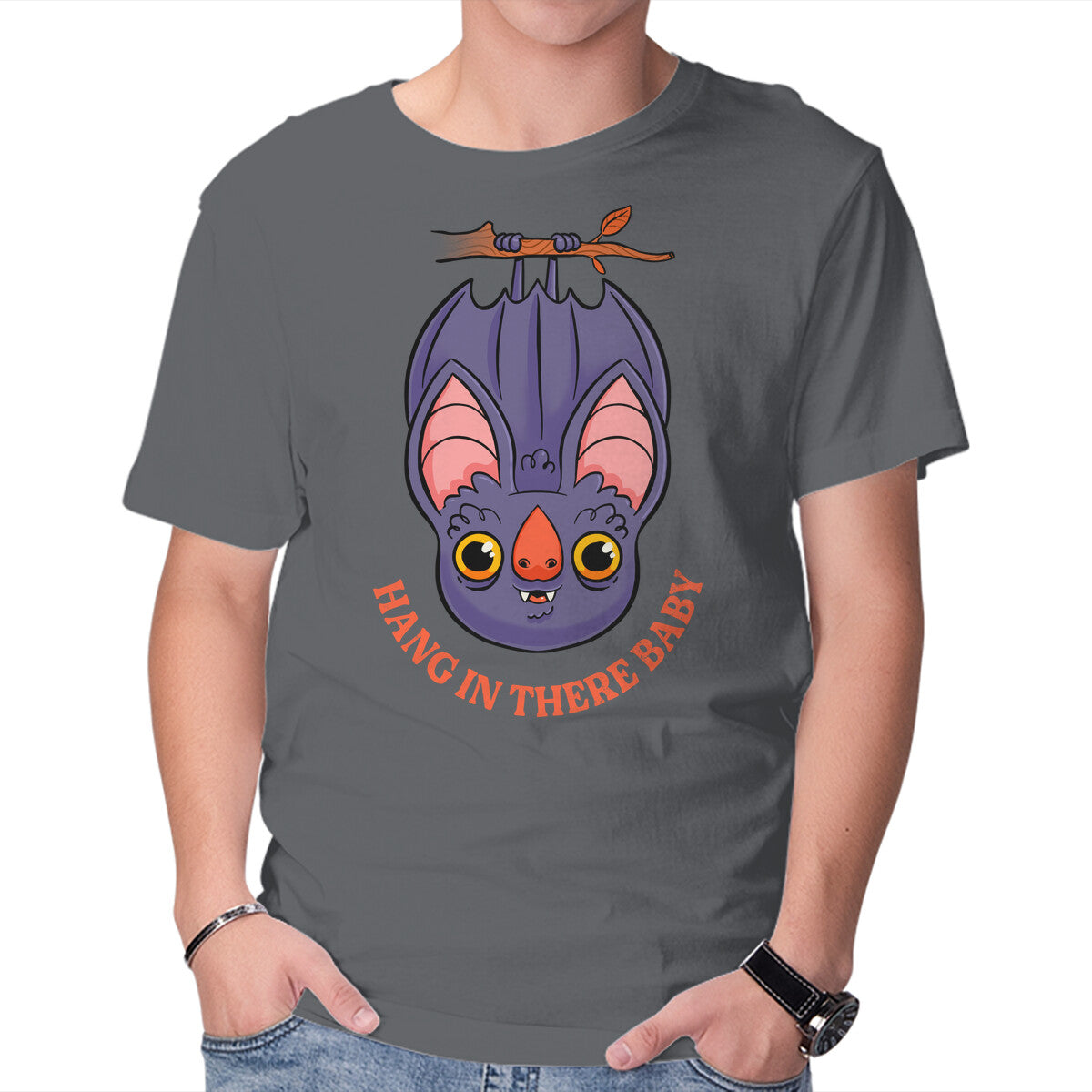 Hang In There Baby Bat – Halloween Graphic T-Shirt in charcoal, product display