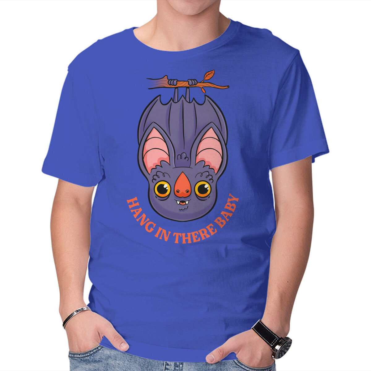 Hang In There Baby Bat – Halloween Graphic T-Shirt in royal blue, product display