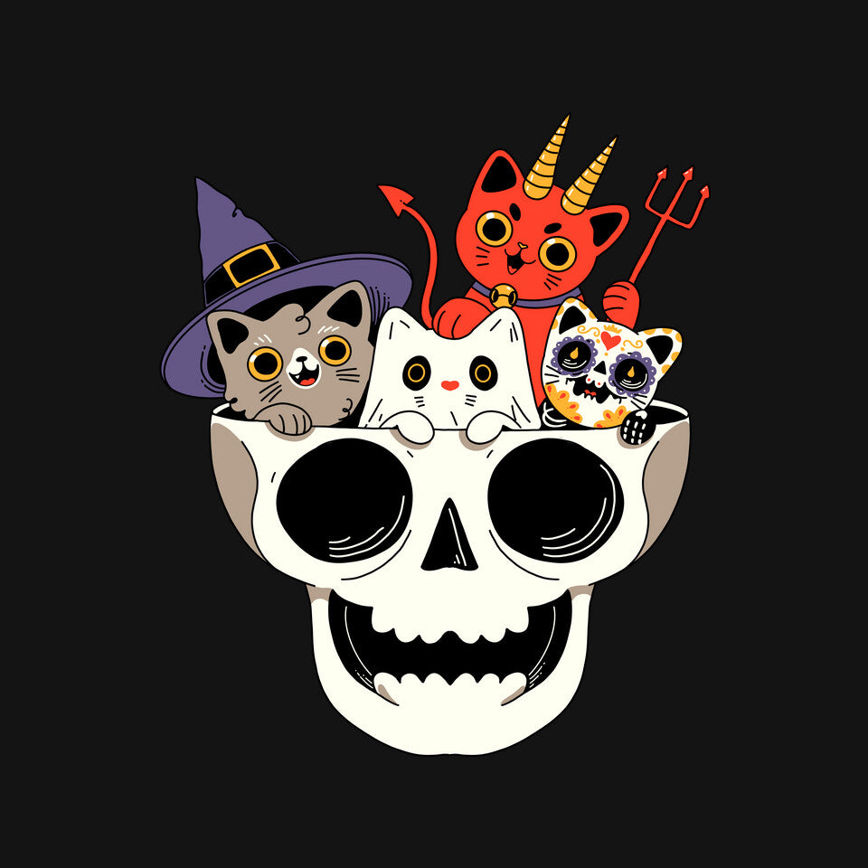 Skull And Spooky Cats – Cat Graphic T-Shirt design artwork for black graphic T-shirt