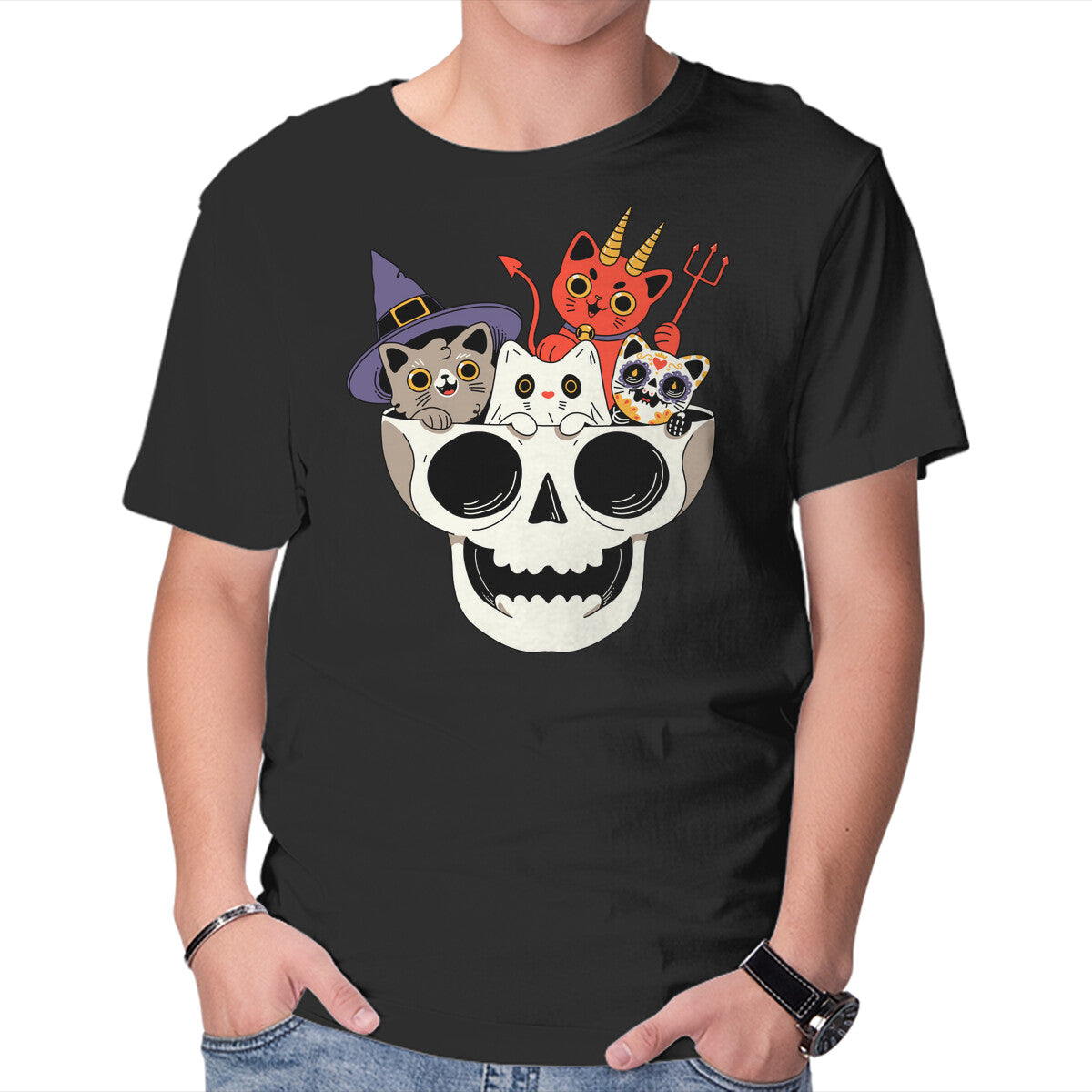 Skull And Spooky Cats – Cat Graphic T-Shirt in black, product display