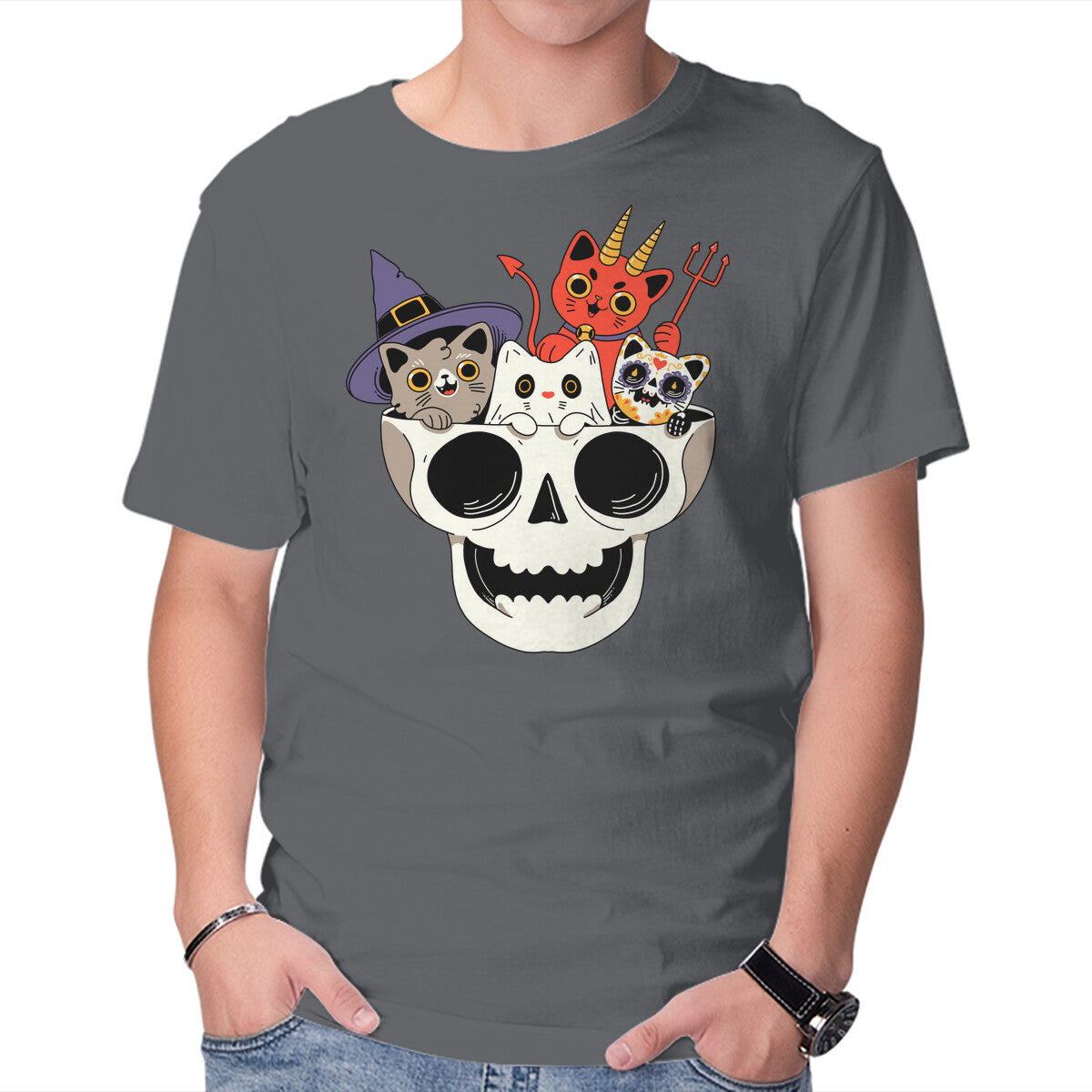 Skull And Spooky Cats – Cat Graphic T-Shirt in charcoal, product display