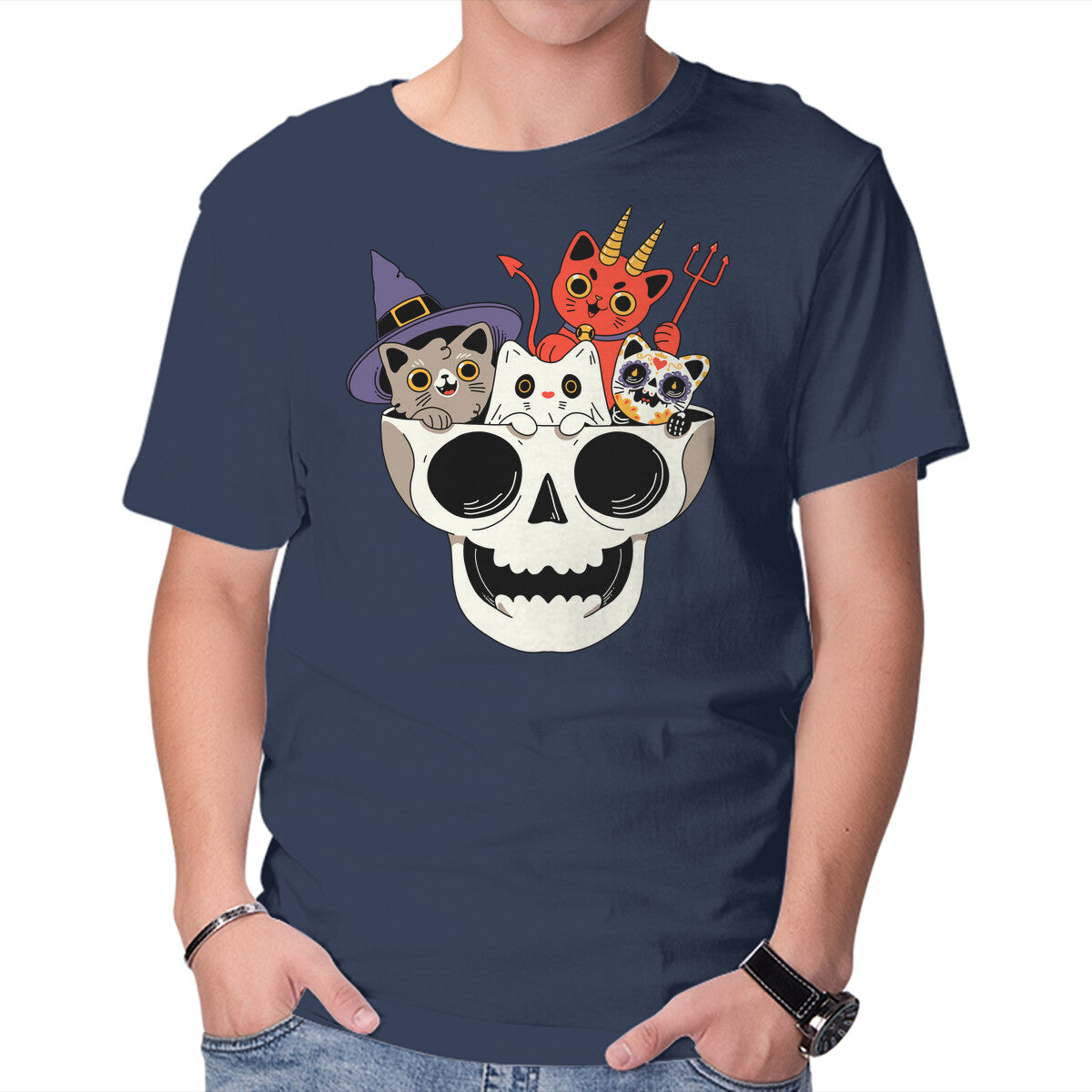 Skull And Spooky Cats – Cat Graphic T-Shirt in navy, product display