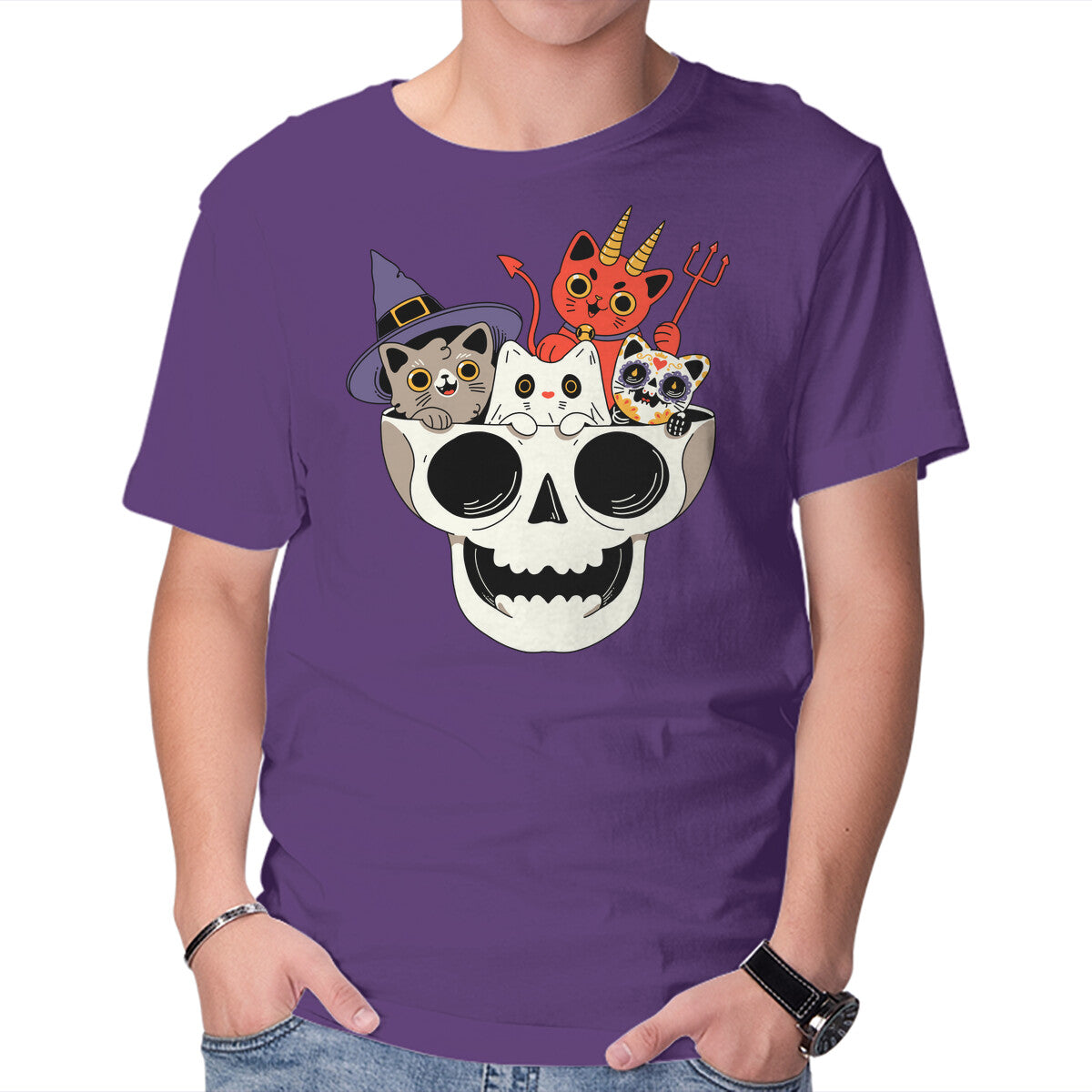 Skull And Spooky Cats – Cat Graphic T-Shirt in purple, product display