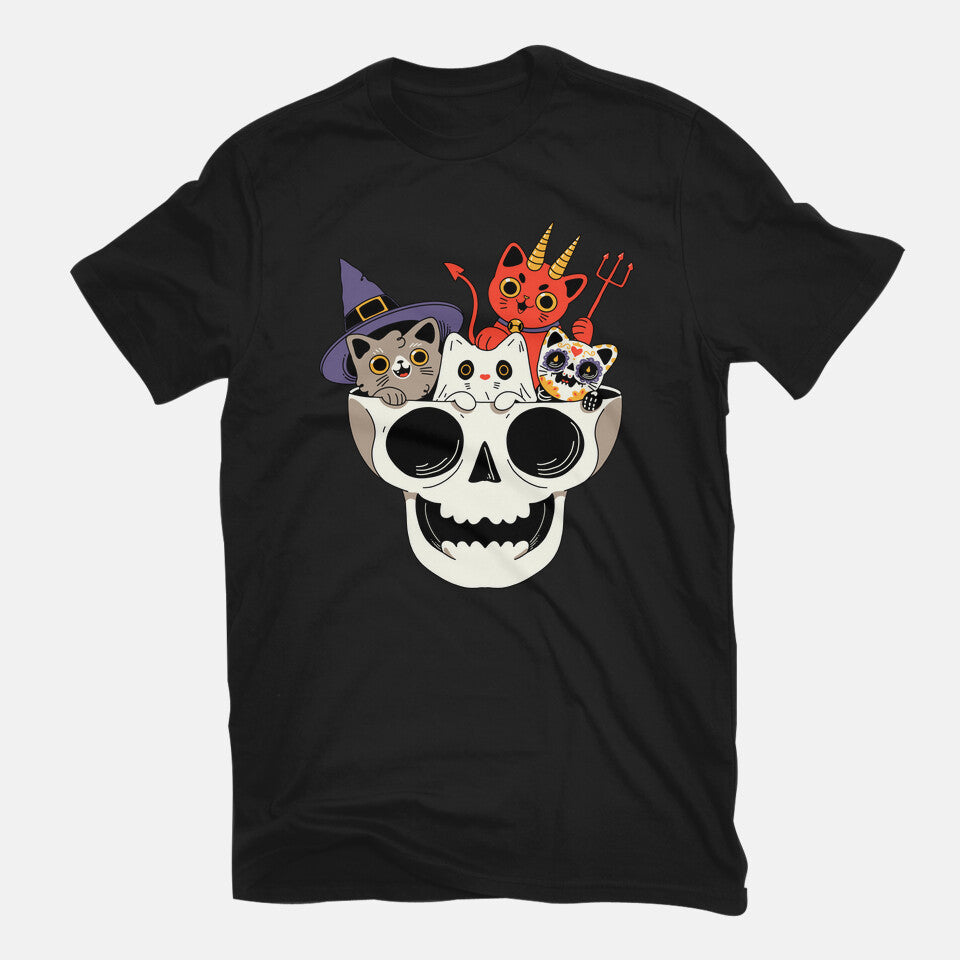 Skull And Spooky Cats – Cat Graphic T-Shirt in black, flat-lay product view