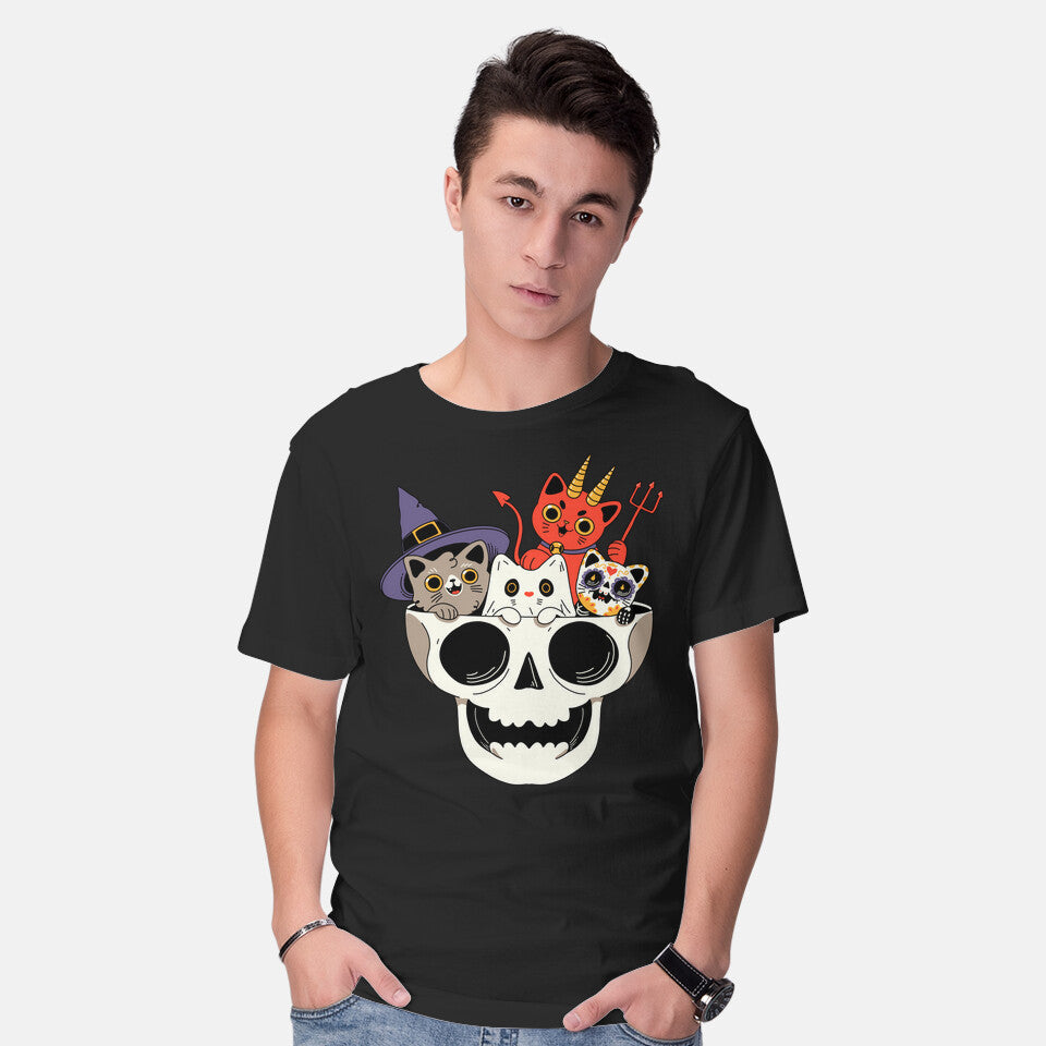Model wearing black Skull And Spooky Cats – Cat Graphic T-Shirt