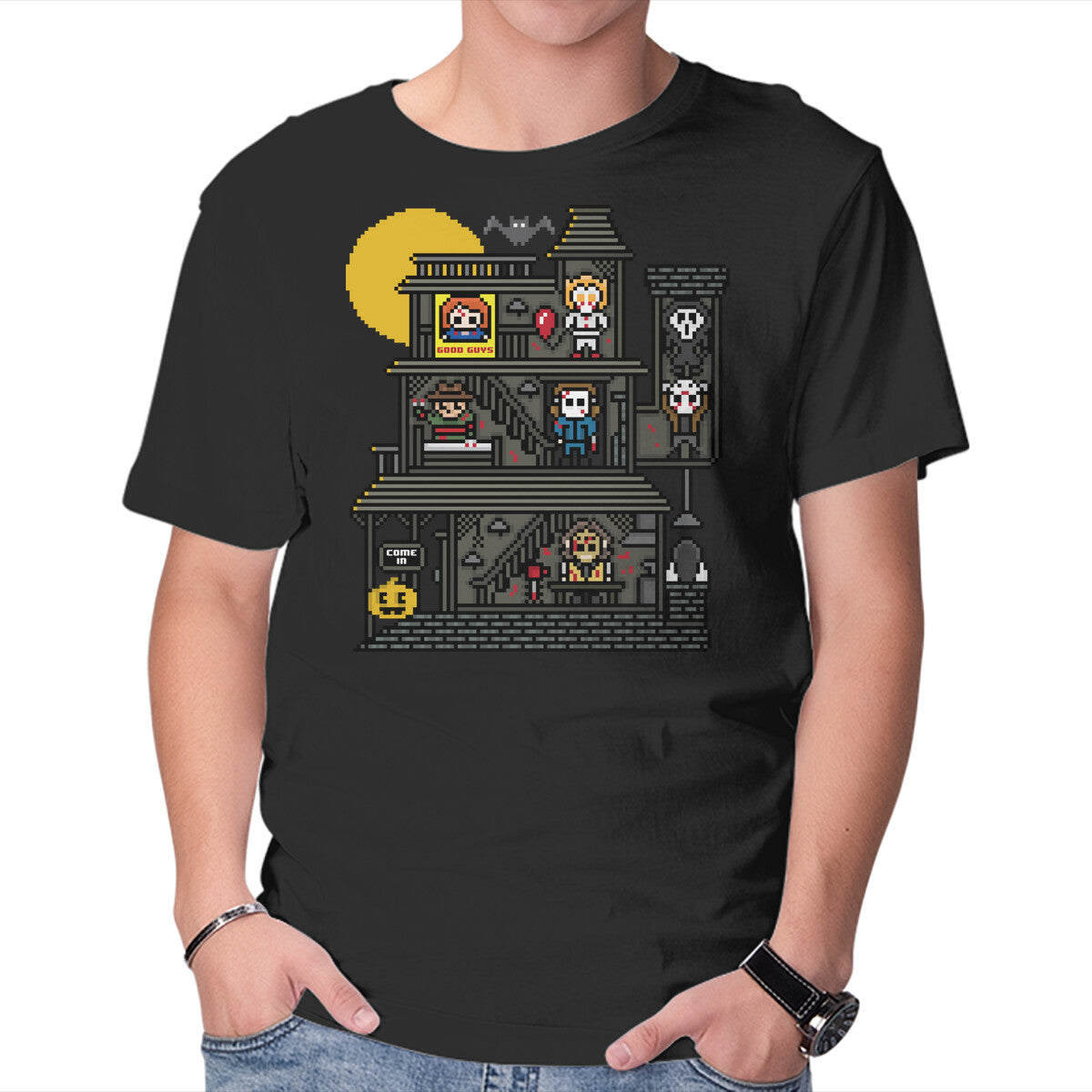 Haunted Pixels – Halloween Graphic T-Shirt in black, product display