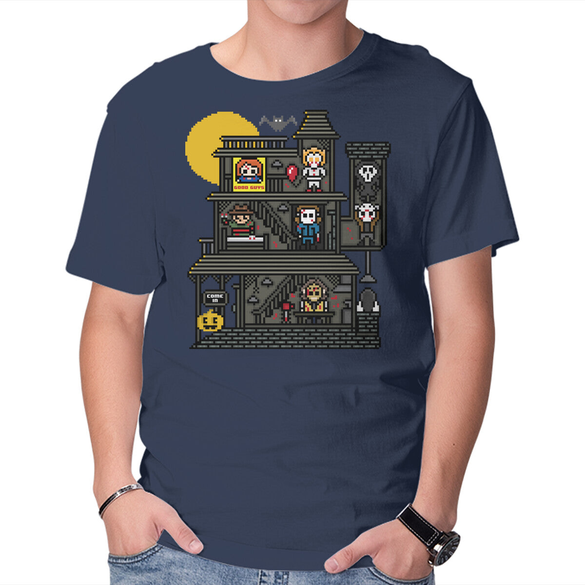 Haunted Pixels – Halloween Graphic T-Shirt in navy, product display