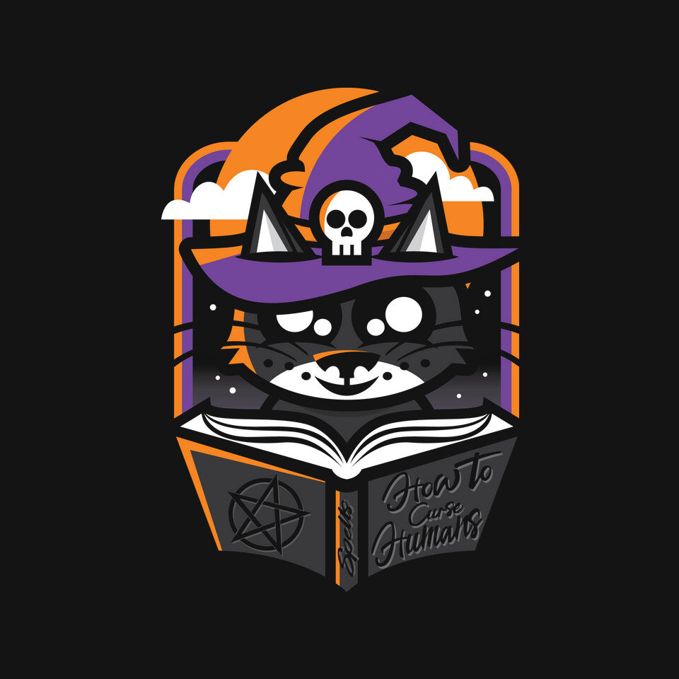 How To Curse Humans – Cat Graphic T-Shirt design artwork for black graphic T-shirt