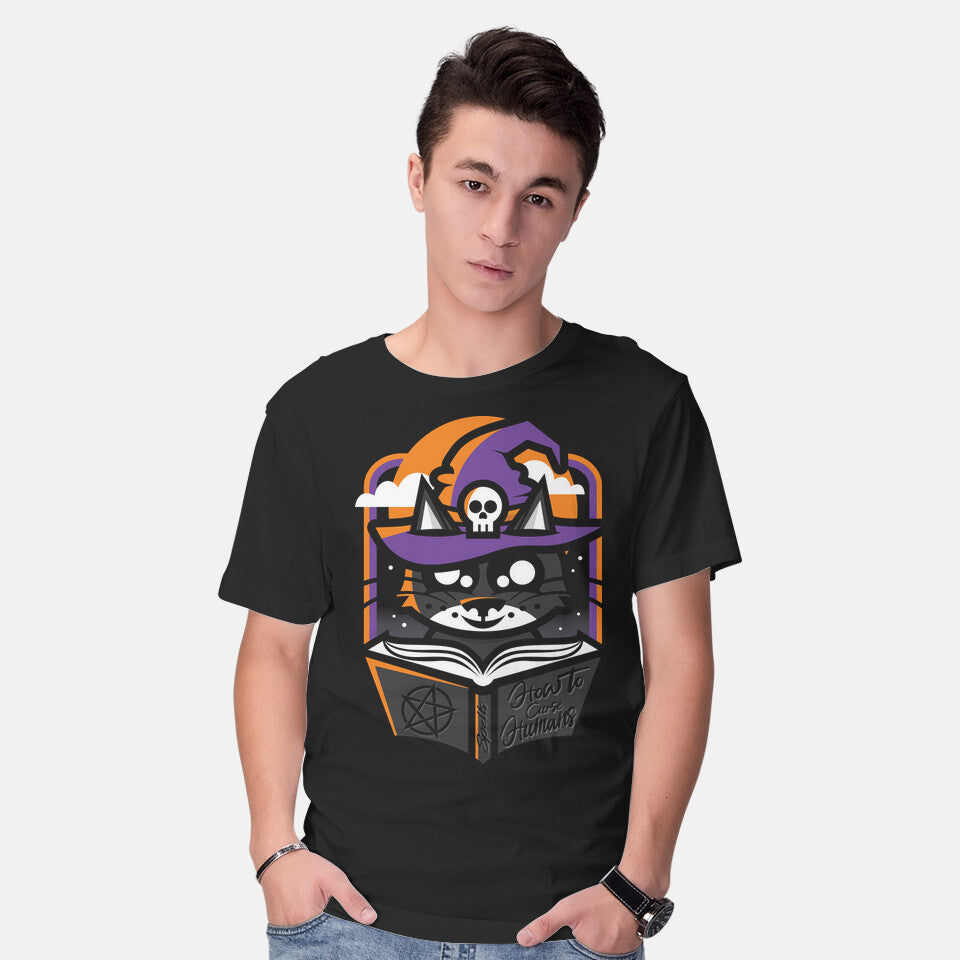 Model wearing black How To Curse Humans – Cat Graphic T-Shirt