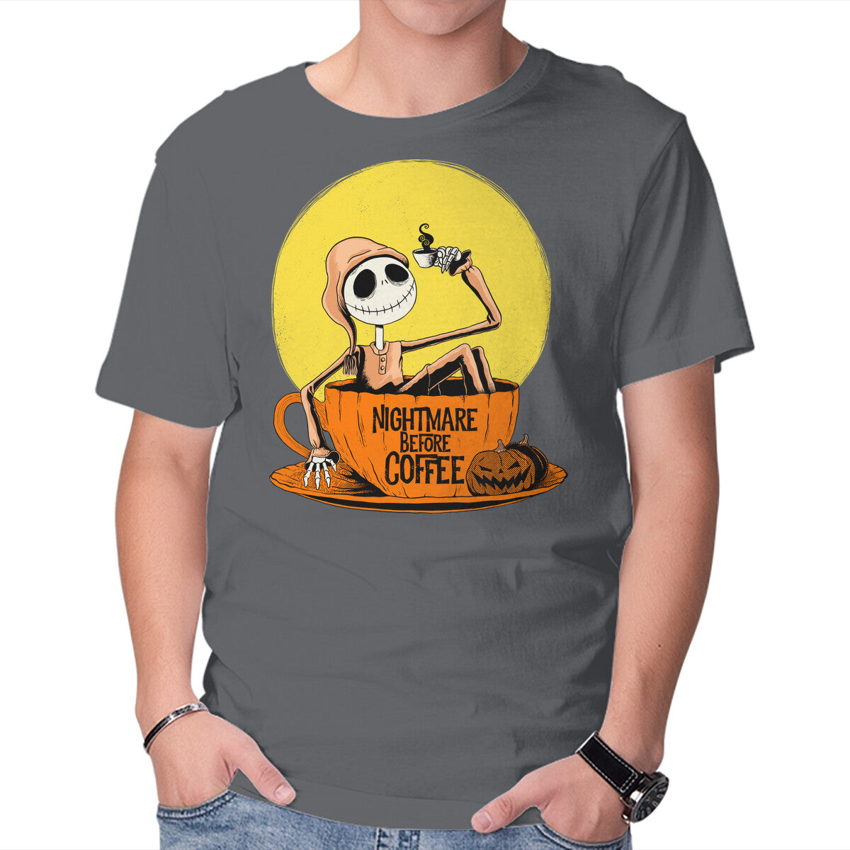 Nightmare Before Coffee – Halloween Graphic T-Shirt in charcoal, product display