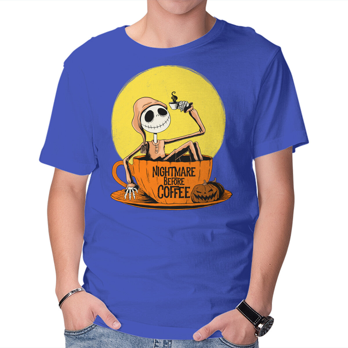 Nightmare Before Coffee – Halloween Graphic T-Shirt in royal blue, product display