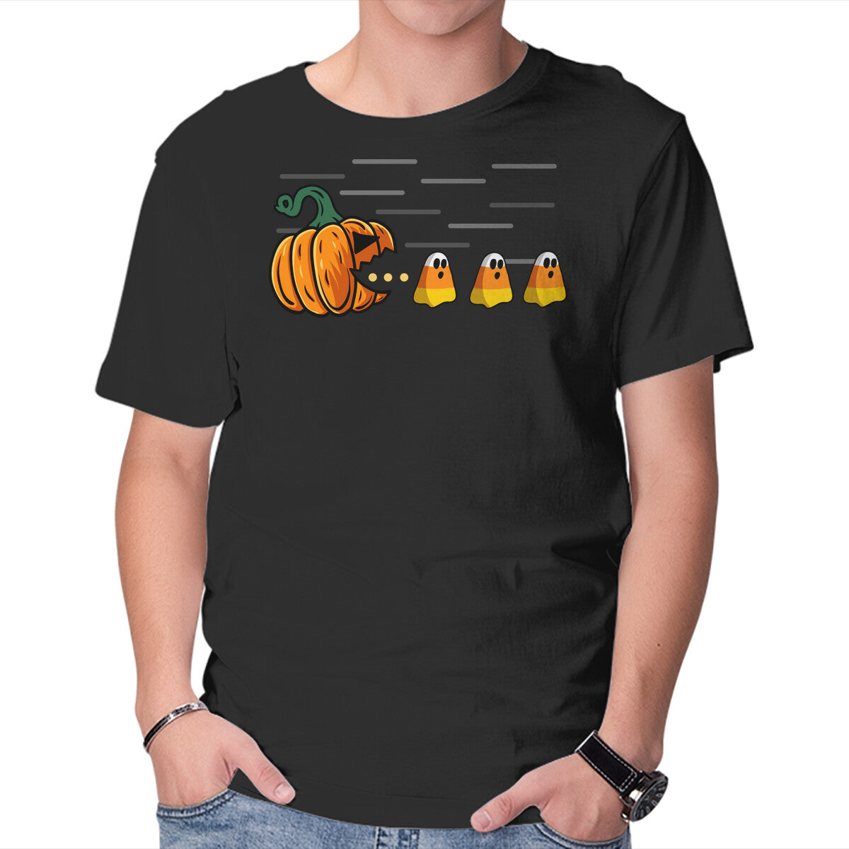 Candy Corn Hunter – Halloween Graphic T-Shirt in black, product display