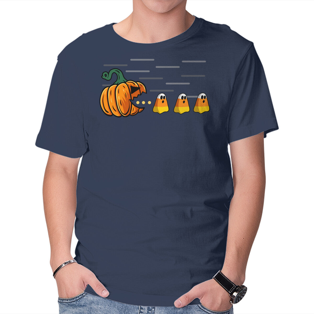 Candy Corn Hunter – Halloween Graphic T-Shirt in navy, product display