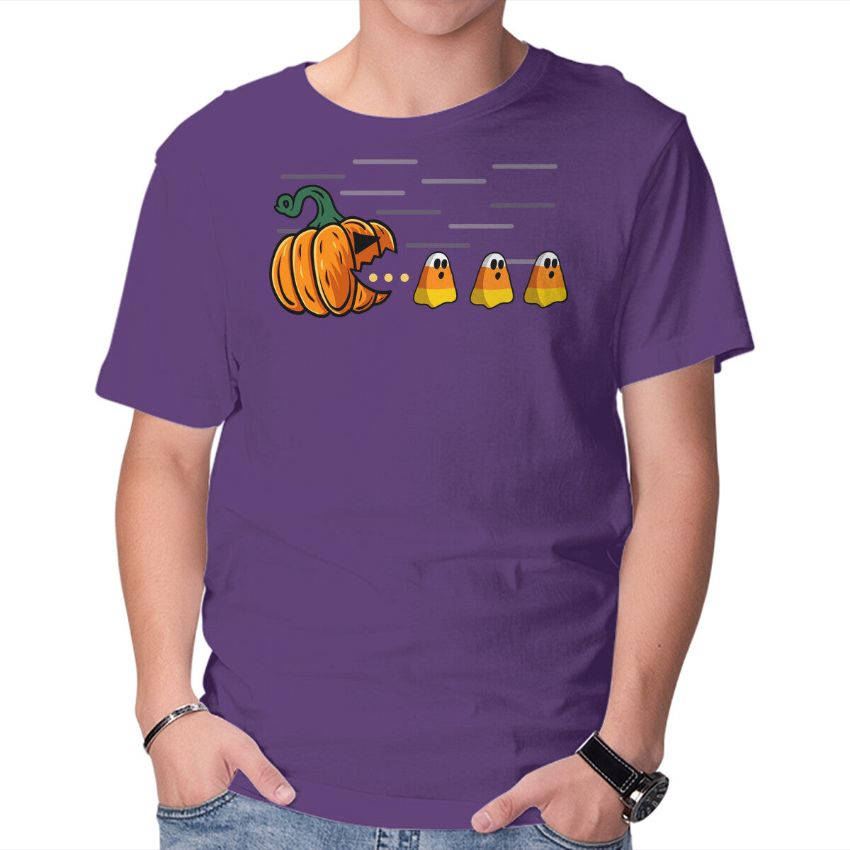 Candy Corn Hunter – Halloween Graphic T-Shirt in purple, product display