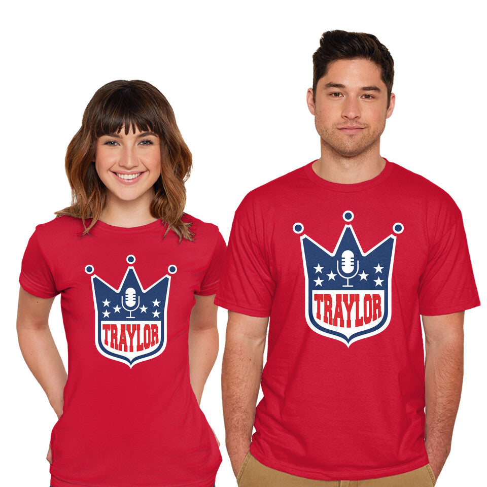 Model wearing red Traylor – Music Graphic T-Shirt