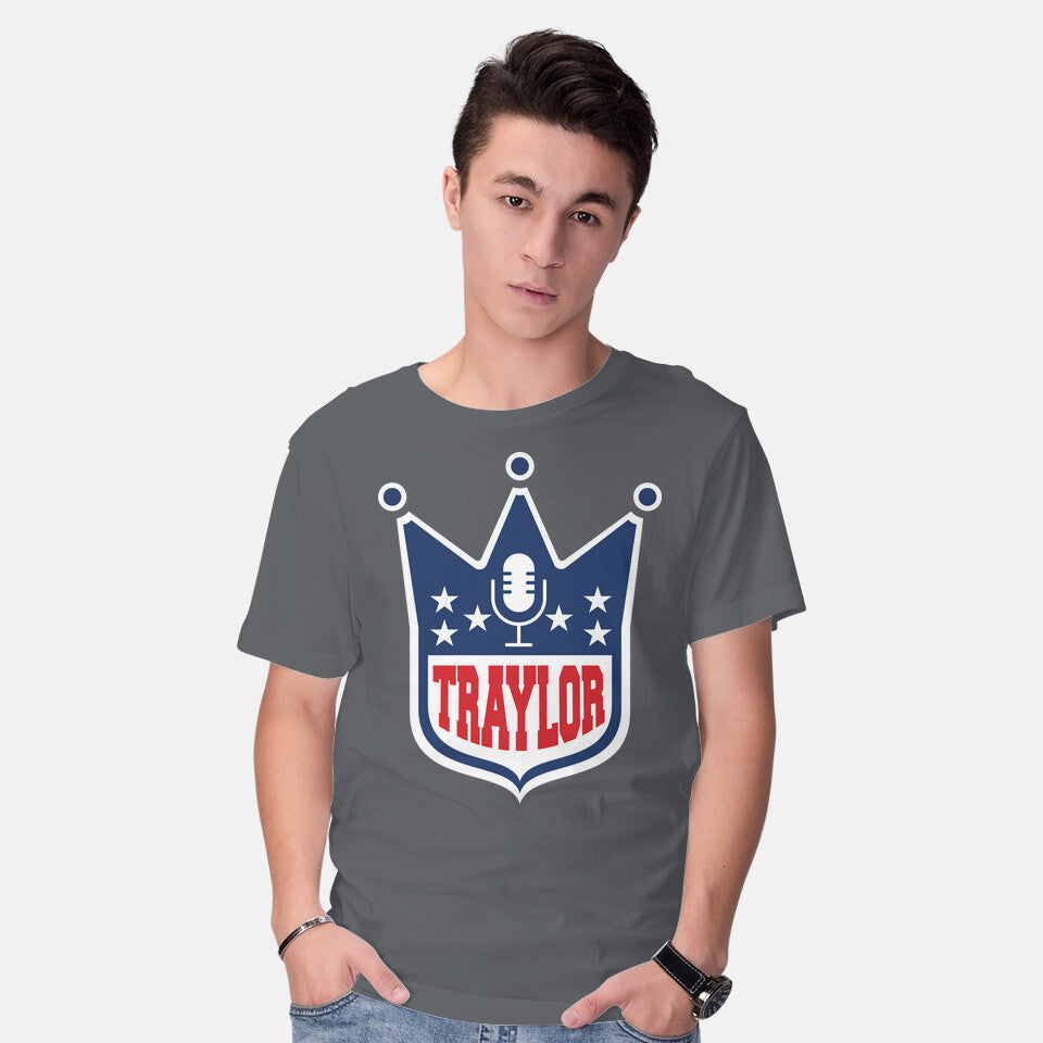 Model wearing charcoal Traylor – Music Graphic T-Shirt