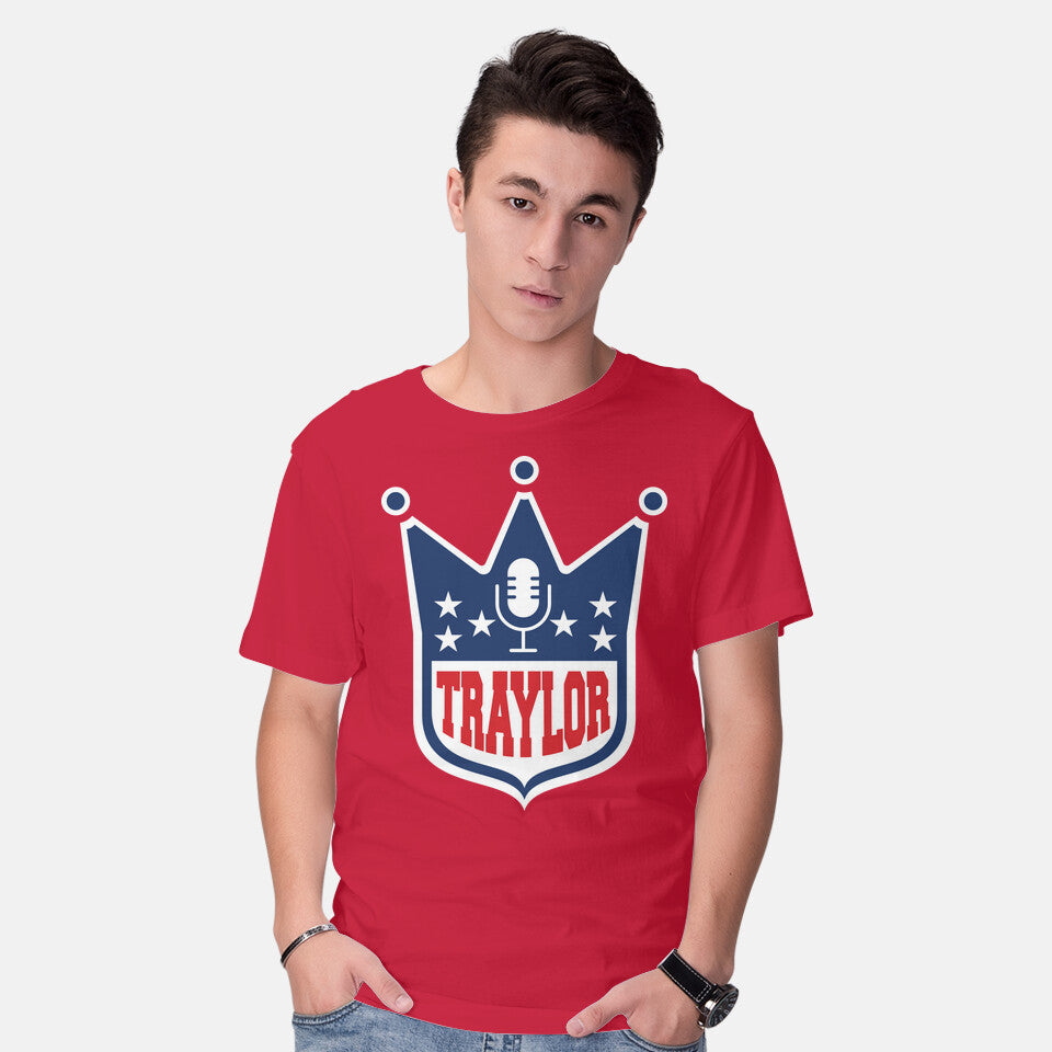 Model wearing red Traylor – Music Graphic T-Shirt