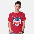 Model wearing red Traylor – Music Graphic T-Shirt