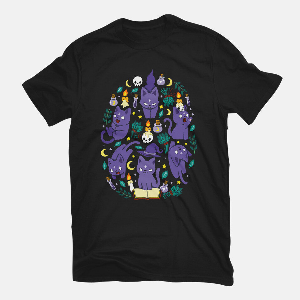 Magic Spell Cat – Cat Graphic T-Shirt in black, flat-lay product view