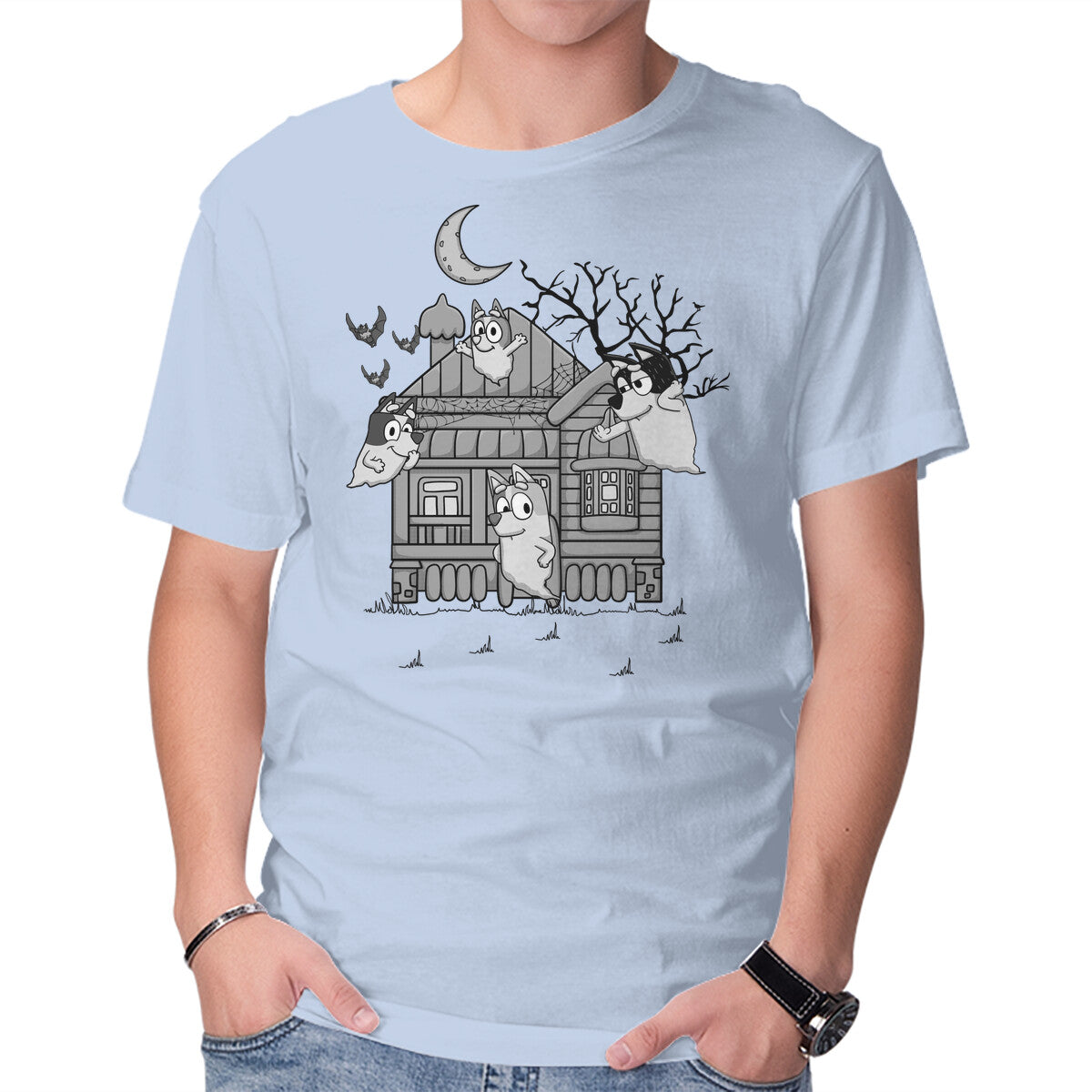 Bluey Haunted House – Dog Graphic T-Shirt in blue, product display