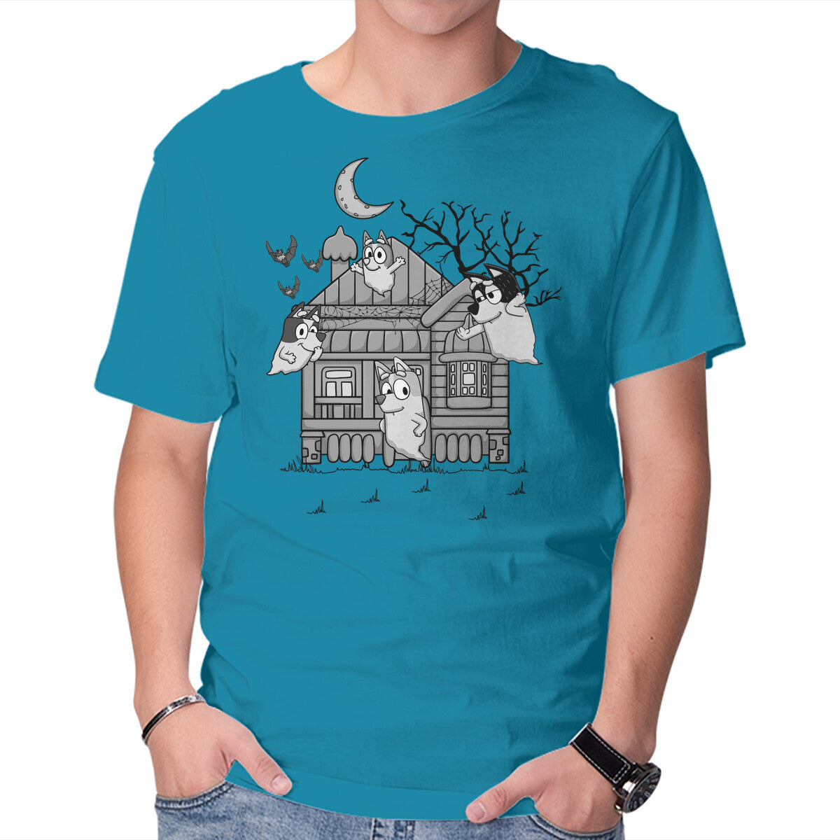 Bluey Haunted House – Dog Graphic T-Shirt in turquoise, product display