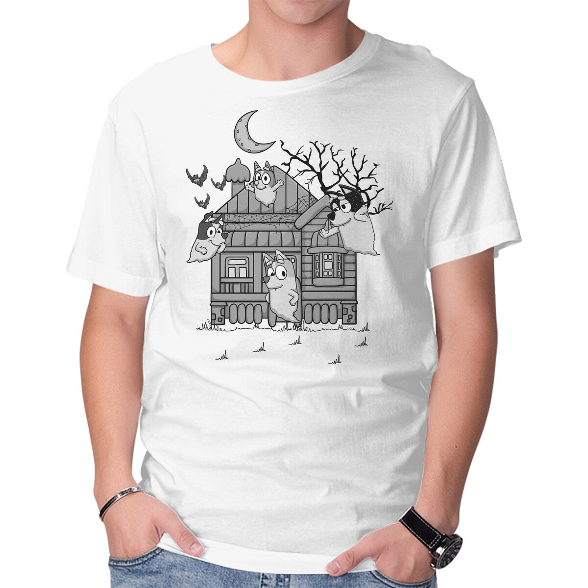Bluey Haunted House – Dog Graphic T-Shirt in white, product display