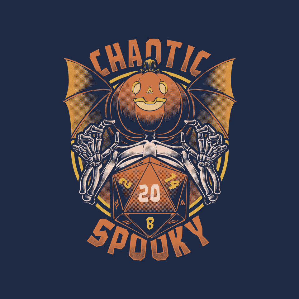 Chaotic Spooky Halloween RPG – Halloween Graphic T-Shirt design artwork for navy graphic T-shirt