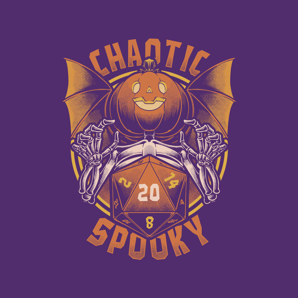 Chaotic Spooky Halloween RPG – Halloween Graphic T-Shirt design artwork for purple graphic T-shirt