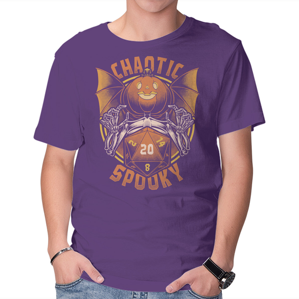 Chaotic Spooky Halloween RPG – Halloween Graphic T-Shirt in purple, product display