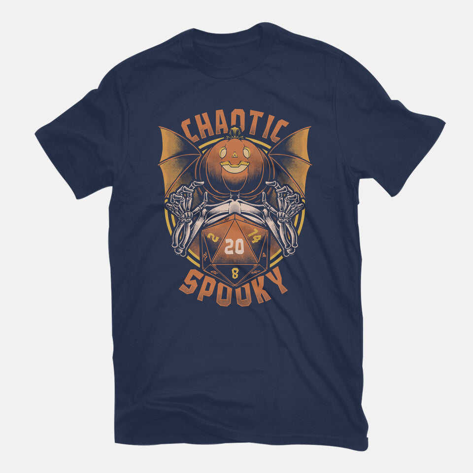 Chaotic Spooky Halloween RPG – Halloween Graphic T-Shirt in navy, flat-lay product view