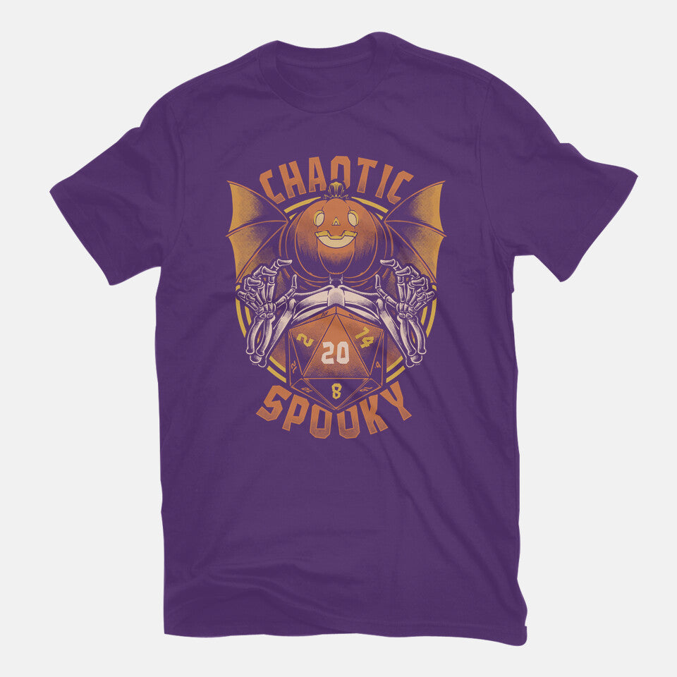 Chaotic Spooky Halloween RPG – Halloween Graphic T-Shirt in purple, flat-lay product view