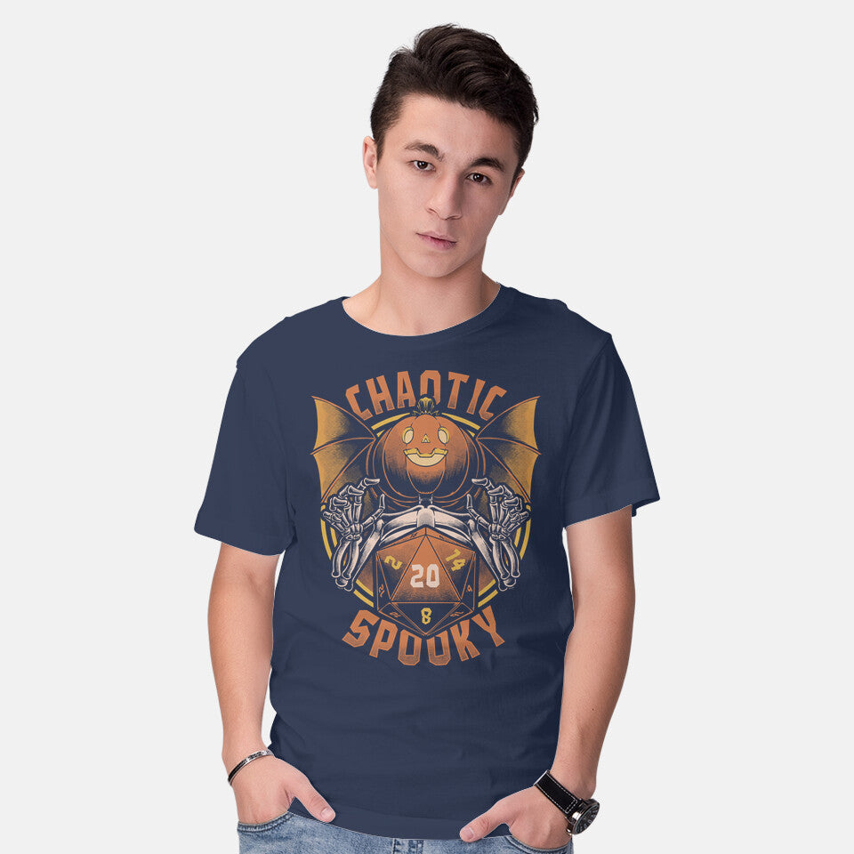 Model wearing navy Chaotic Spooky Halloween RPG – Halloween Graphic T-Shirt